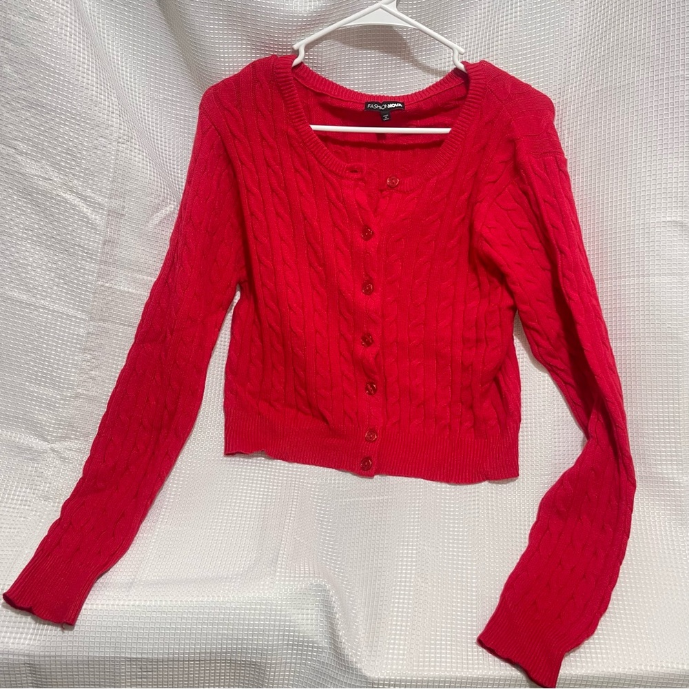 Fashion Nova Vibrant Red Cropped Cable Knit Cardigan